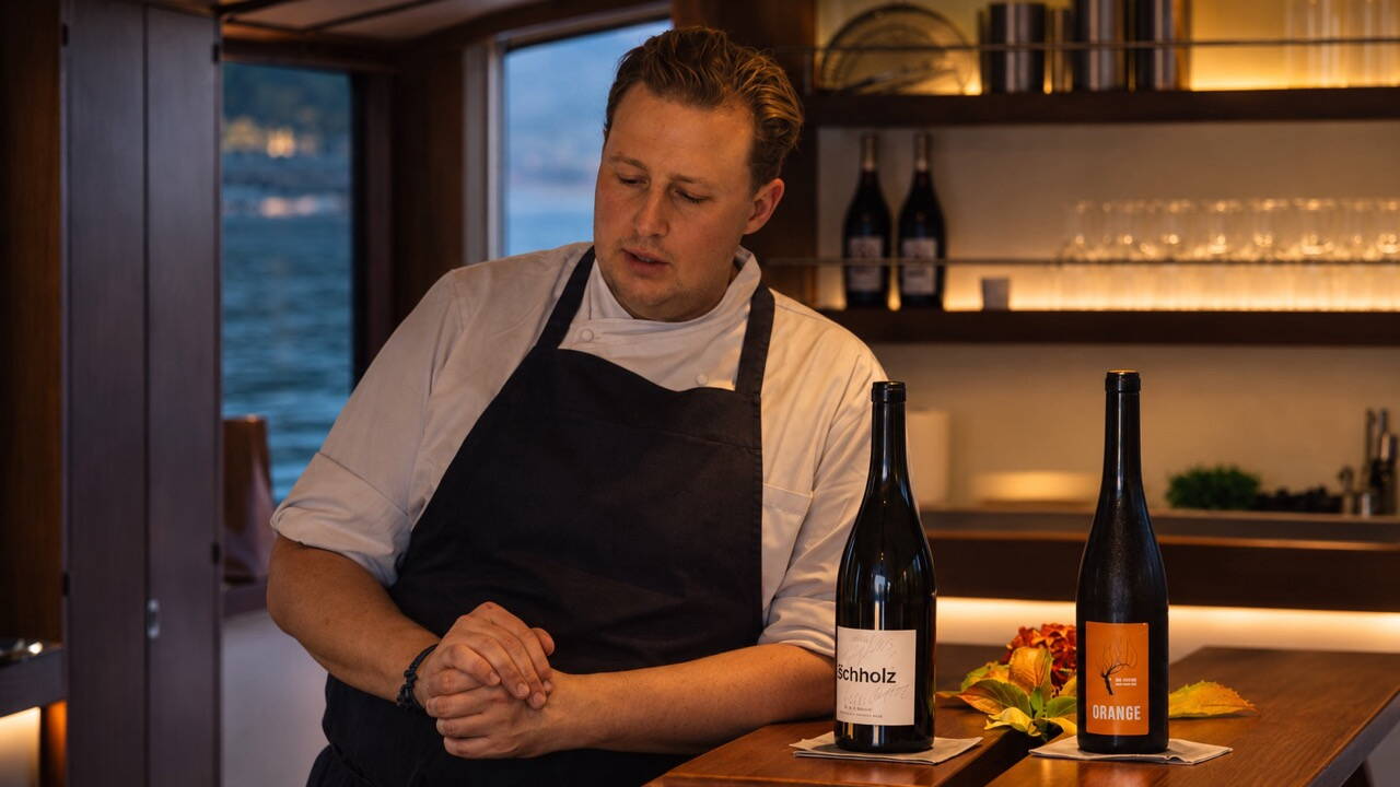 manuel-hotz-chef-gourmetschiff.jpg Resident chef Manuel Hotz presenting wines beside the open kitchen aboard Romandie I – 1952.