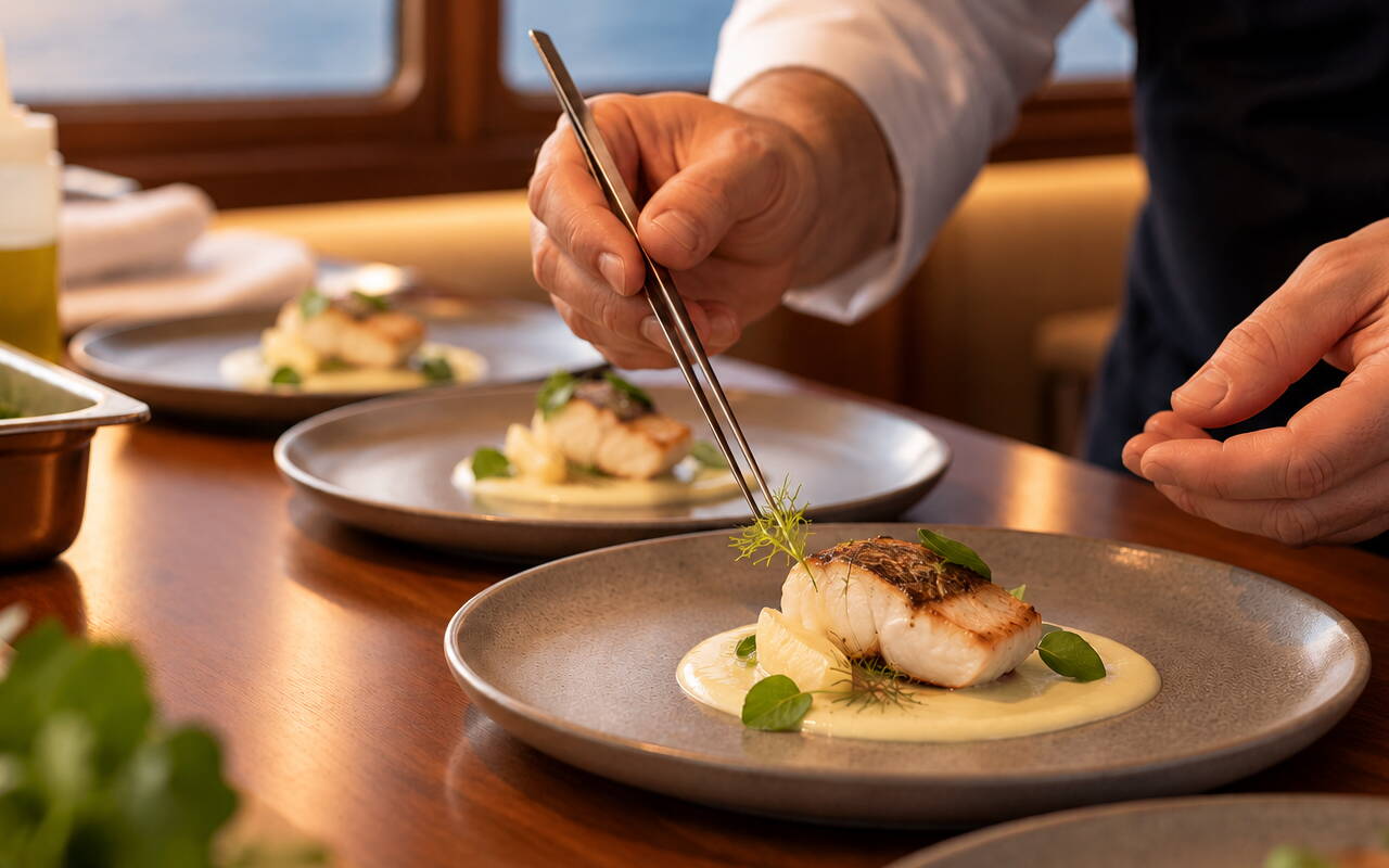private-fine-dining-gourmetschiff-menu.jpg A seasonal fish course, carefully plated for the private dining experience aboard Gourmetschiff.