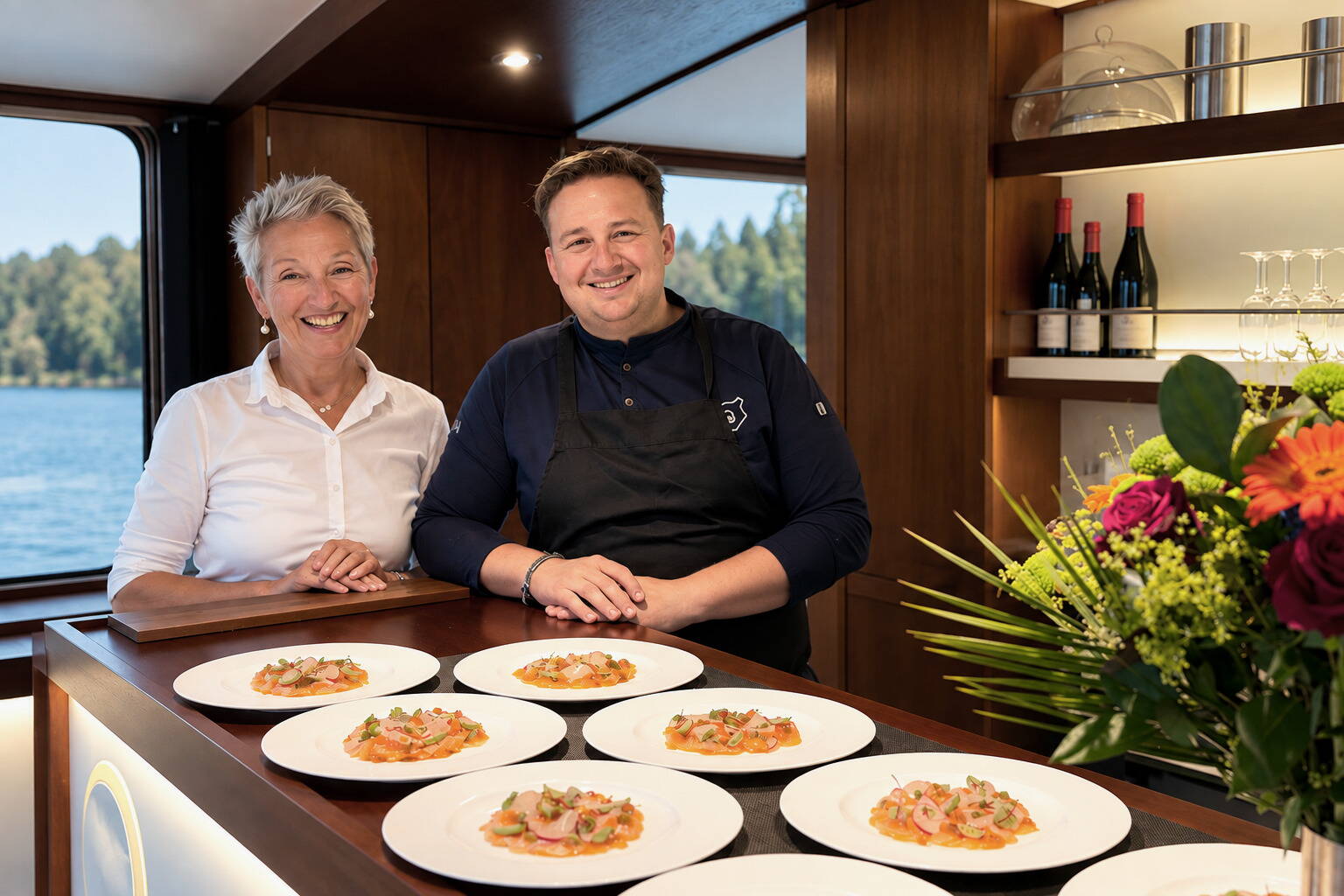 maitre-de-cabine-manuel-hotz-team-gourmetschiff.jpg Maître de Cabine und Resident Chef Manuel Hotz an Bord des Gourmetschiffs.